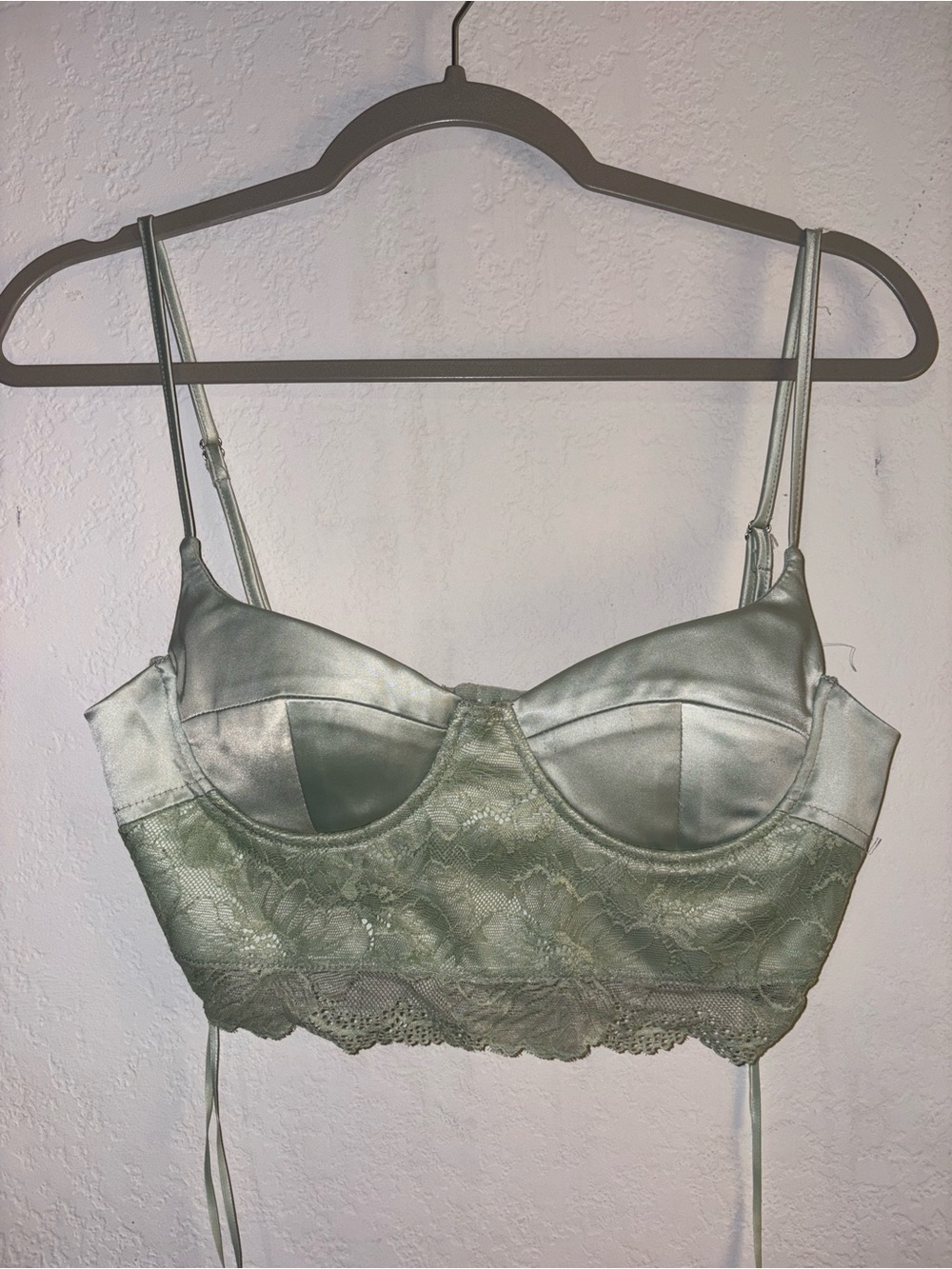 hello miss Satin and Lace Longline Bralette in Sage Green